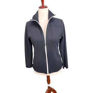 T by Talbots full zip up knit jacket navy blue long sleeve collar pockets Sz MP